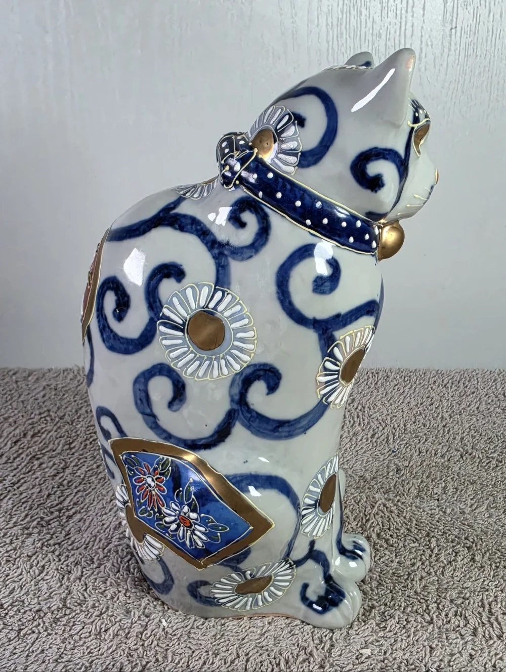 Decorative White and Blue Kutani Porcelain Cat Figurine with Gold Accents